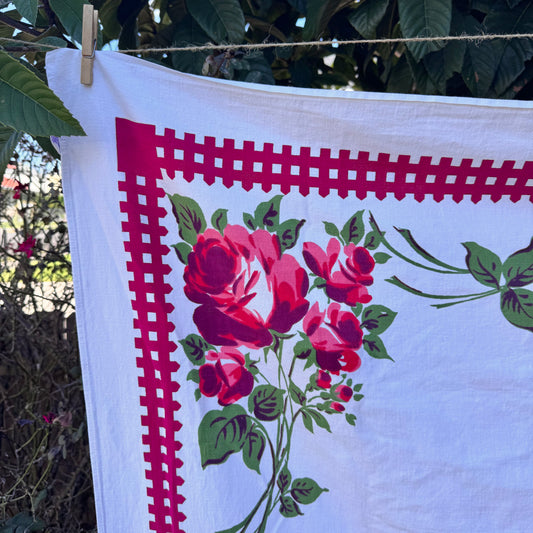 MCM 1950's Roses & Gingham Square Tablecloth