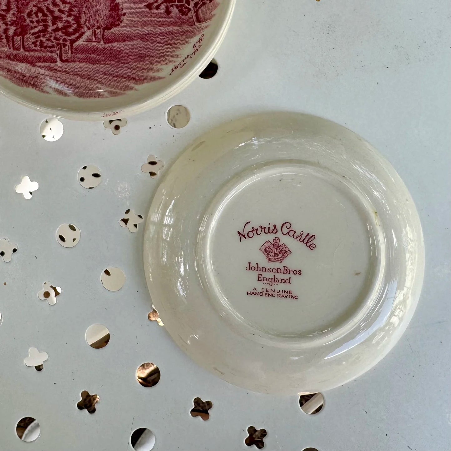 Antique 'English Johnson Bros' Pink & White Egg Cups & Saucers