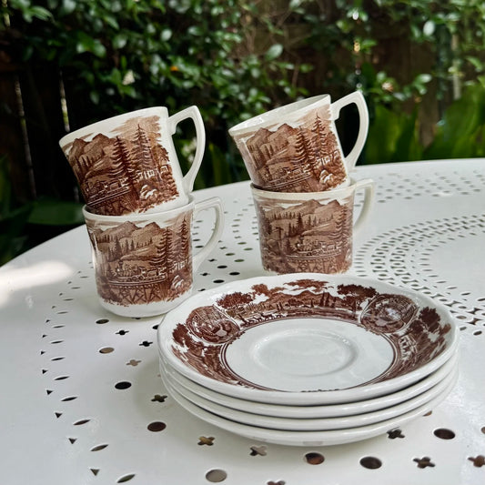English 'Train Scene' Brown Teacup & Saucers