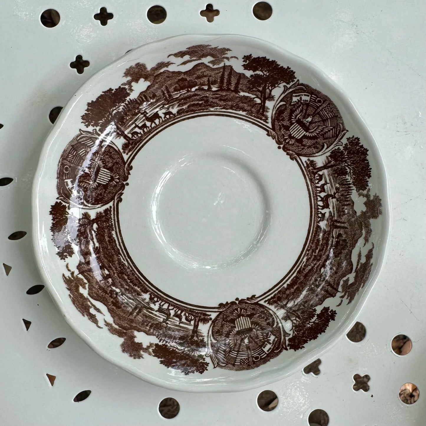 English 'Train Scene' Brown Teacup & Saucers