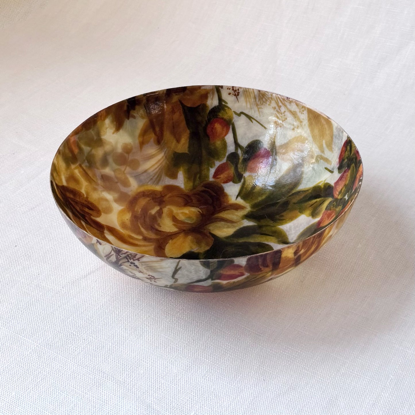 1960's MCM Brown Fall Floral Painted Fiberglass Bowl