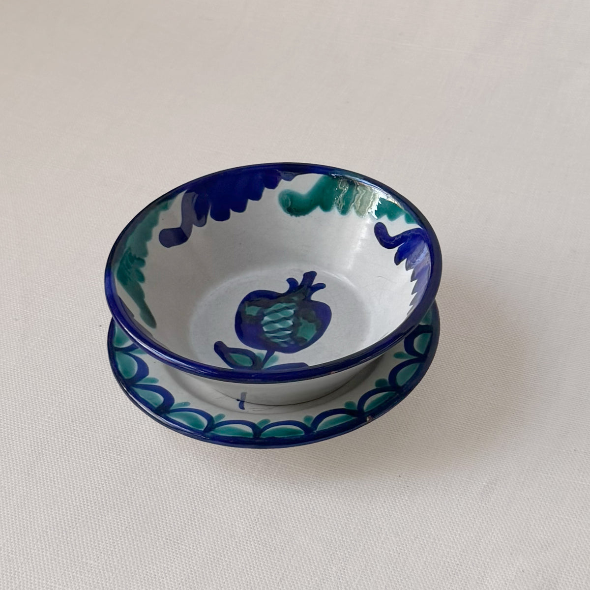 Vintage Spanish Blue & Green Hand Painted Bowl & Plate