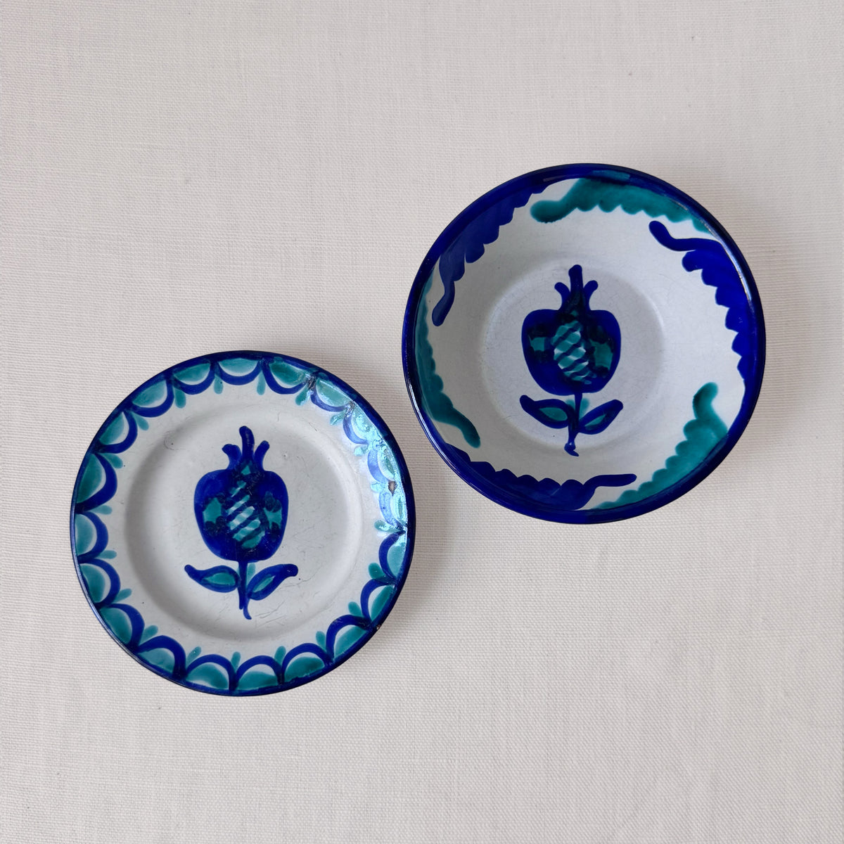 Vintage Spanish Blue & Green Hand Painted Bowl & Plate