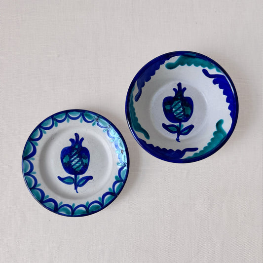Vintage Spanish Blue & Green Hand Painted Bowl & Plate