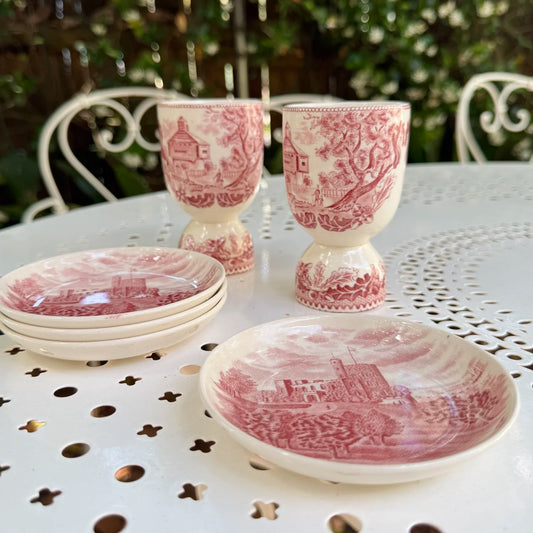 Antique 'English Johnson Bros' Pink & White Egg Cups & Saucers