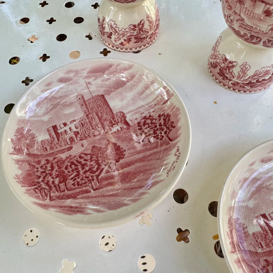Antique 'English Johnson Bros' Pink & White Egg Cups & Saucers