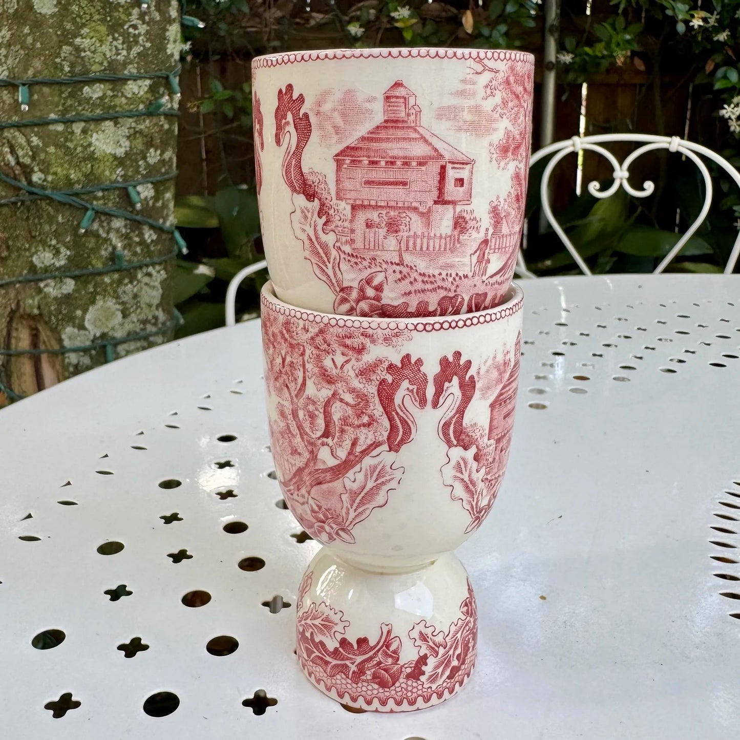 Antique 'English Johnson Bros' Pink & White Egg Cups & Saucers