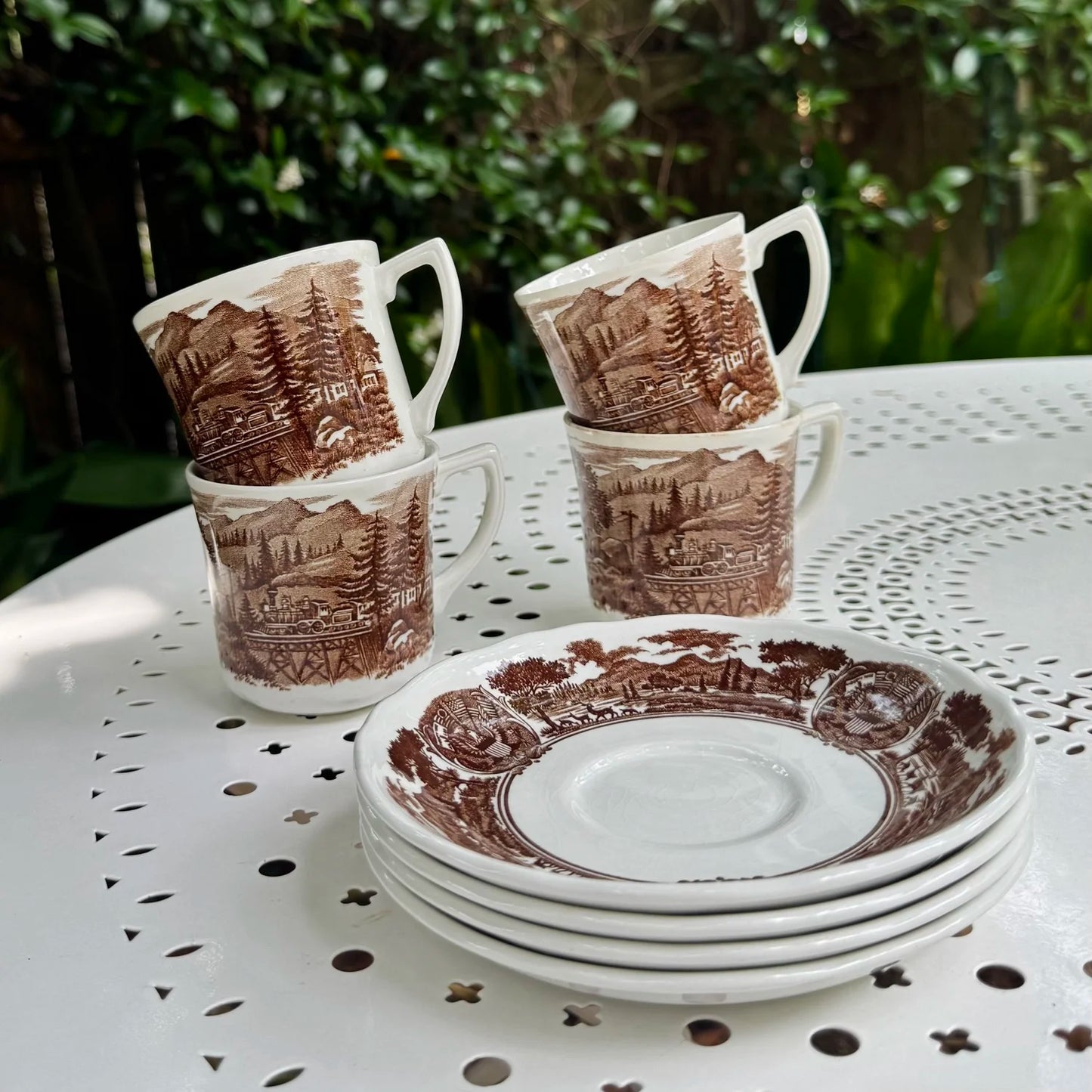 English 'Train Scene' Brown Teacup & Saucers