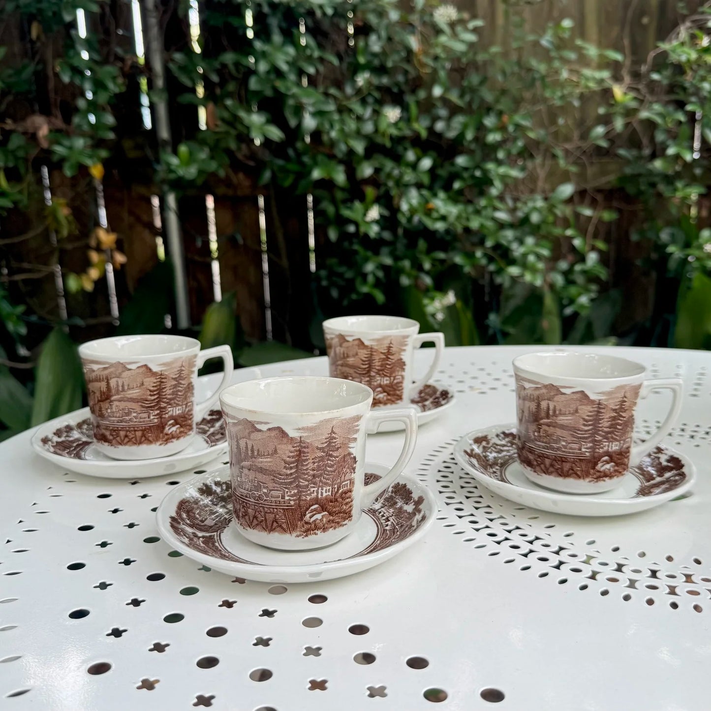 English 'Train Scene' Brown Teacup & Saucers
