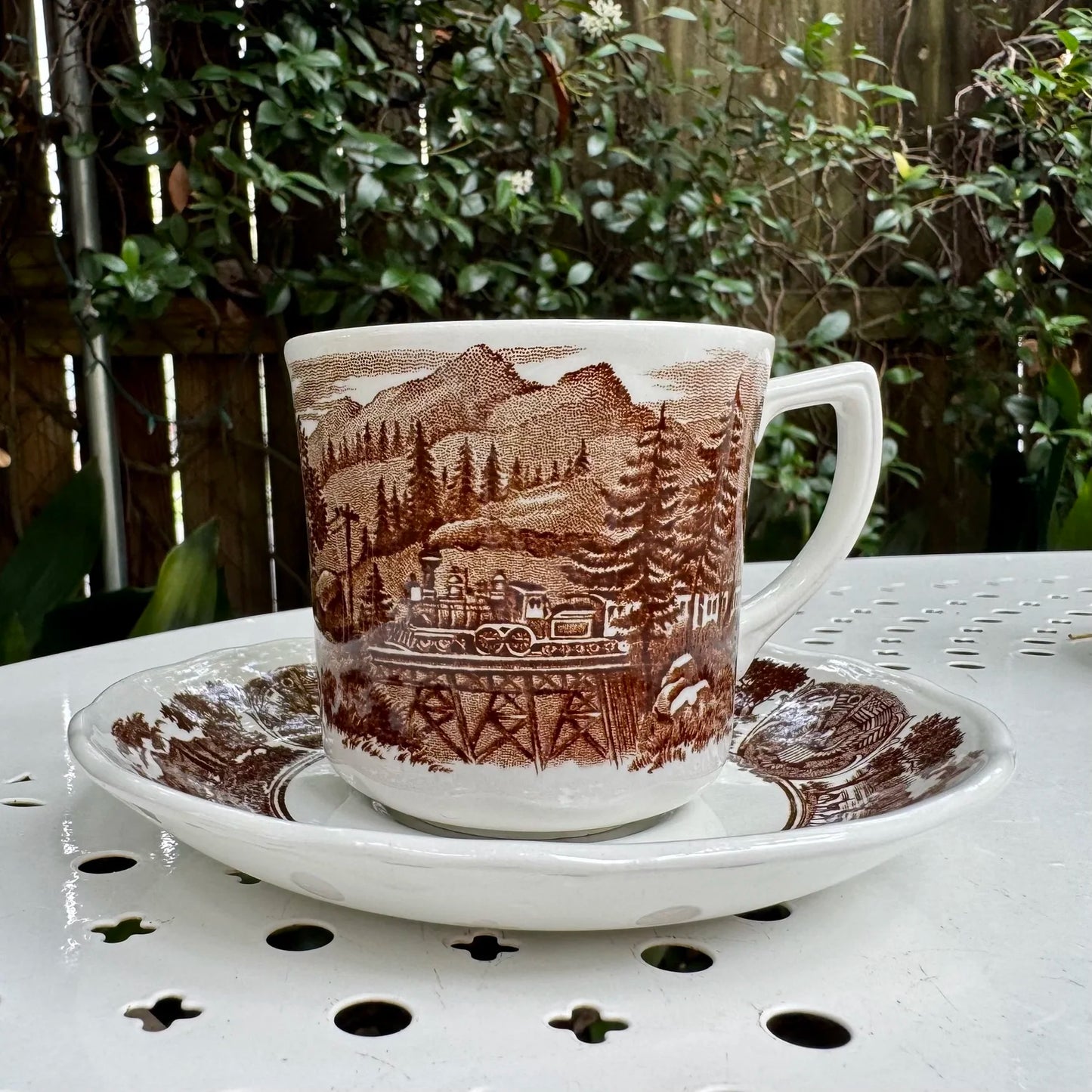 English 'Train Scene' Brown Teacup & Saucers