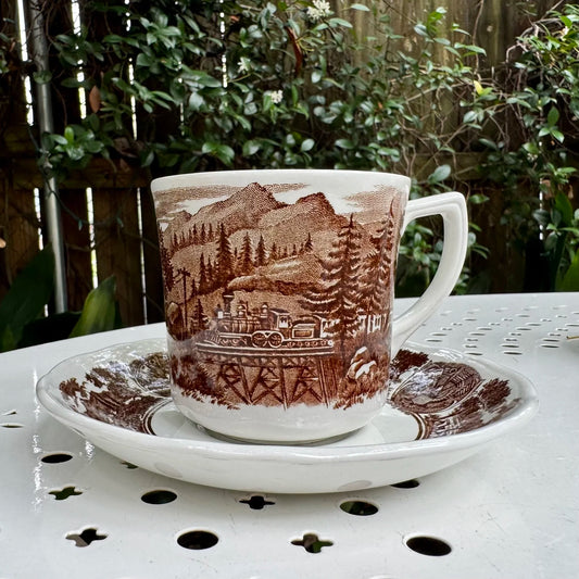 English 'Train Scene' Brown Teacup & Saucers