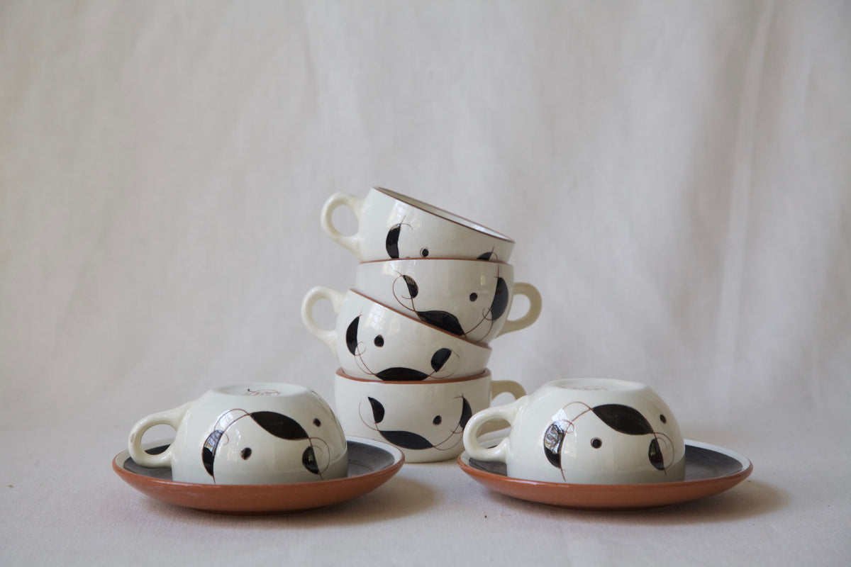 MCM Stangl "Lyric" Set of 6 Tea Cups and Two Black Saucers