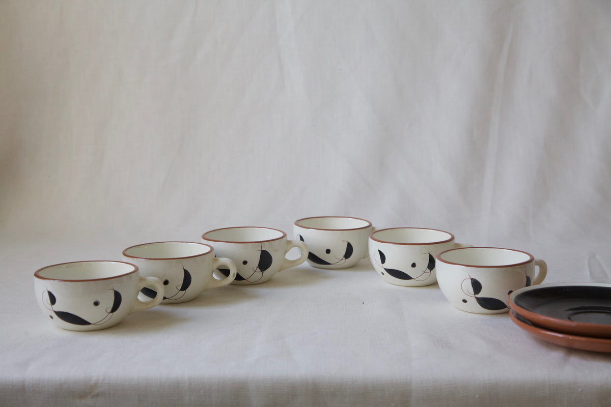 MCM Stangl "Lyric" Set of 6 Tea Cups and Two Black Saucers