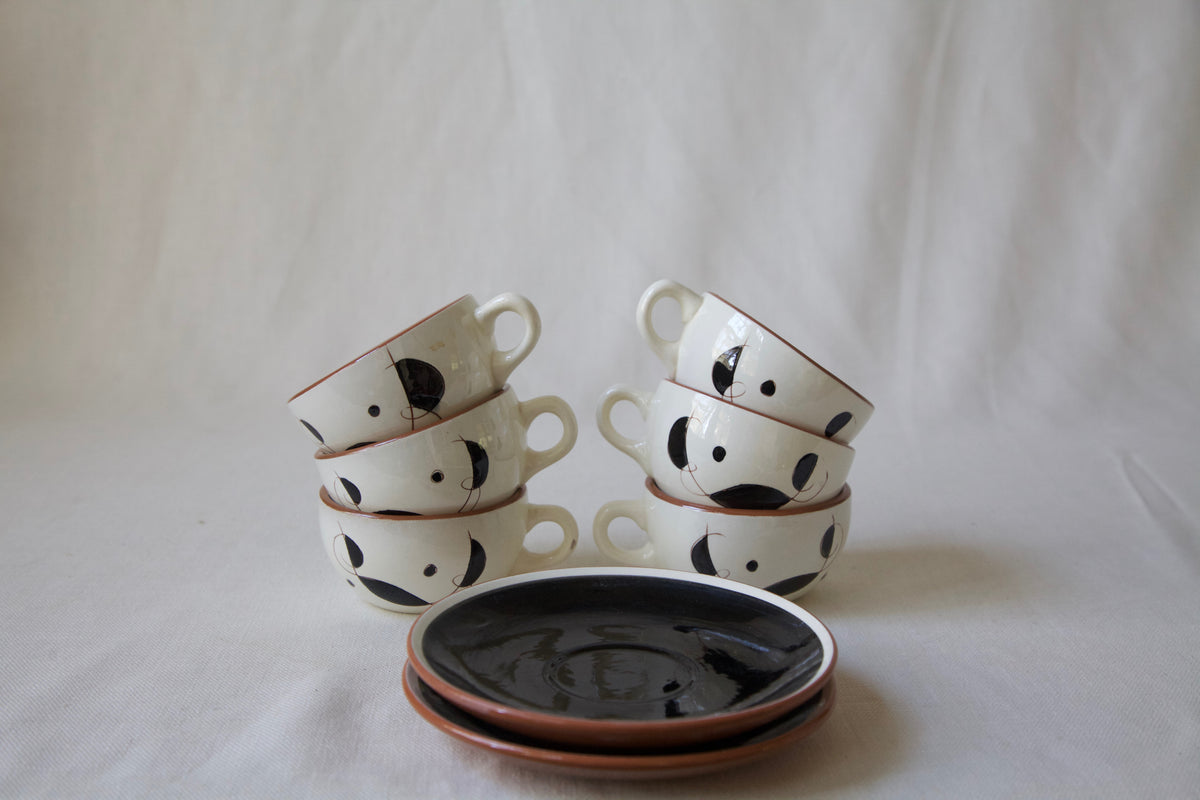 MCM Stangl "Lyric" Set of 6 Tea Cups and Two Black Saucers