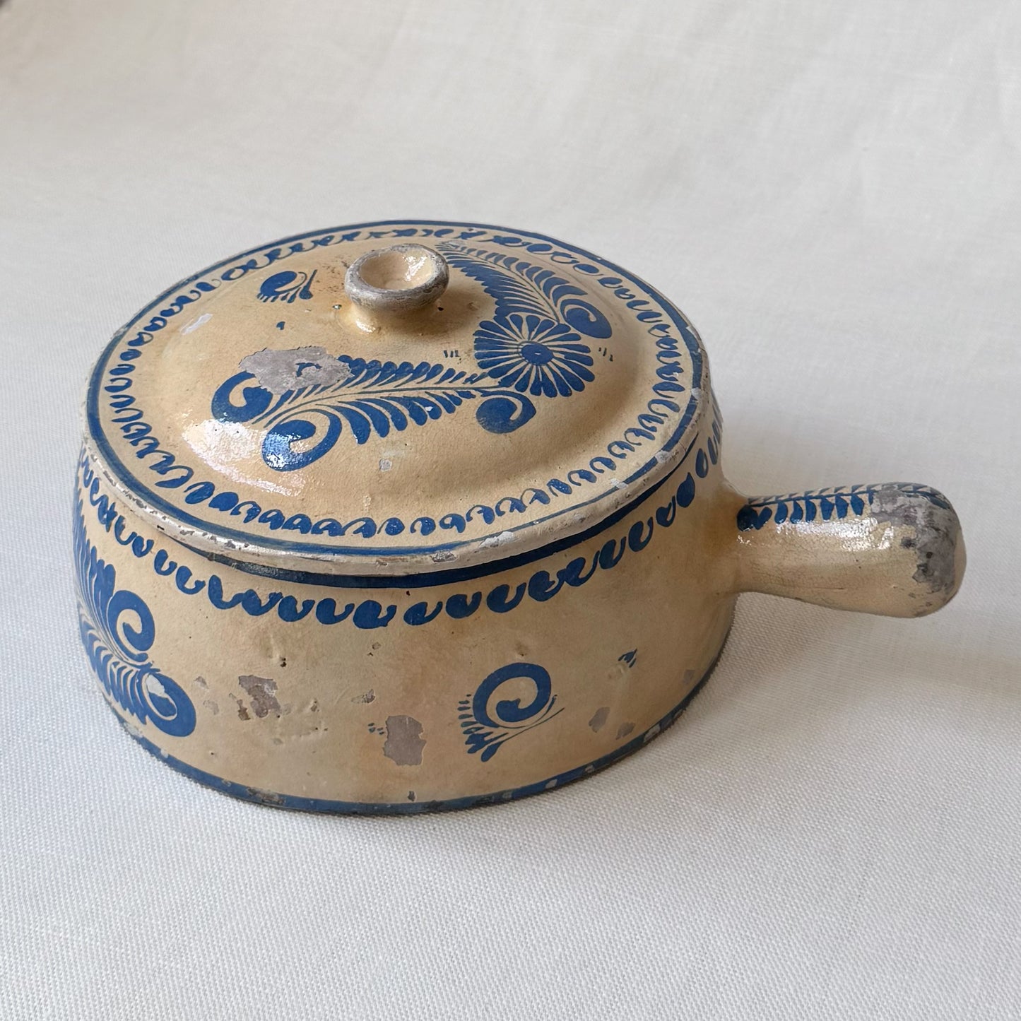 1940's Mexican Hand Painted Blue & Cream Pot