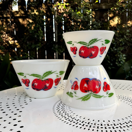 1950's 'Fire King' Apples & Cherries Milk Glass Nesting Bowls Set of 3