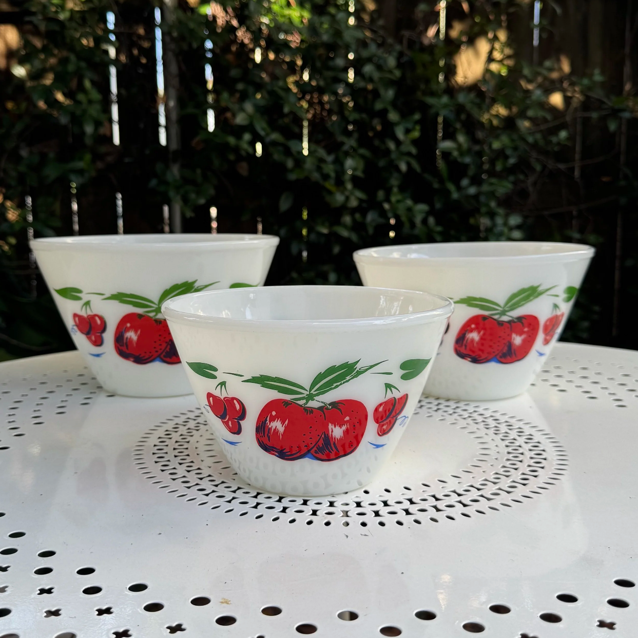 1950's 'Fire King' Apples & Cherries Milk Glass Nesting Bowls Set of 3