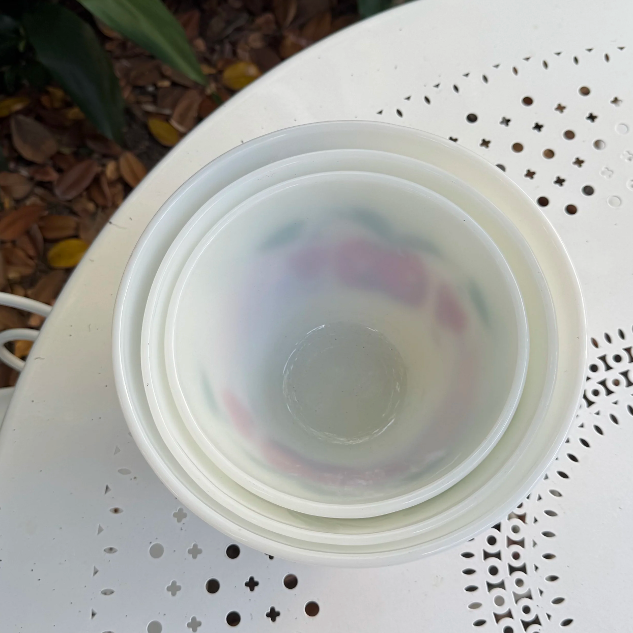 1950's 'Fire King' Apples & Cherries Milk Glass Nesting Bowls Set of 3
