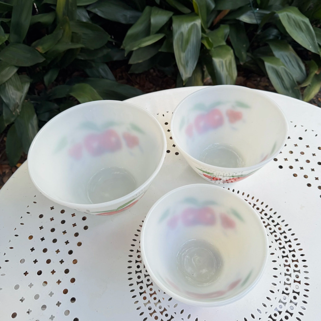 1950's 'Fire King' Apples & Cherries Milk Glass Nesting Bowls Set of 3